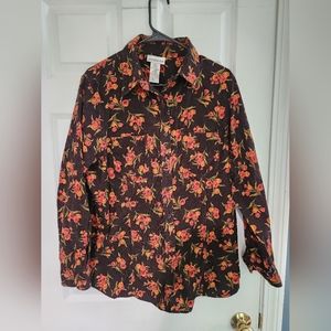 Corduroy Button Up Dark Brown with Orange Flowers